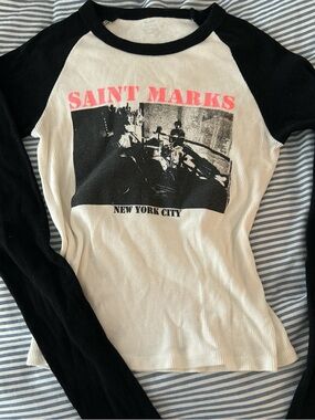 Brandy Melville Black & White Raglan Long Sleeve Tee with Pink Graphic